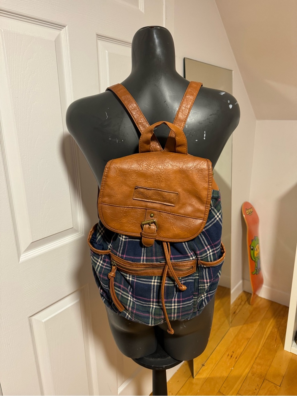 Plaid Canvas and Tan Faux-Leather Drawstring Backpack